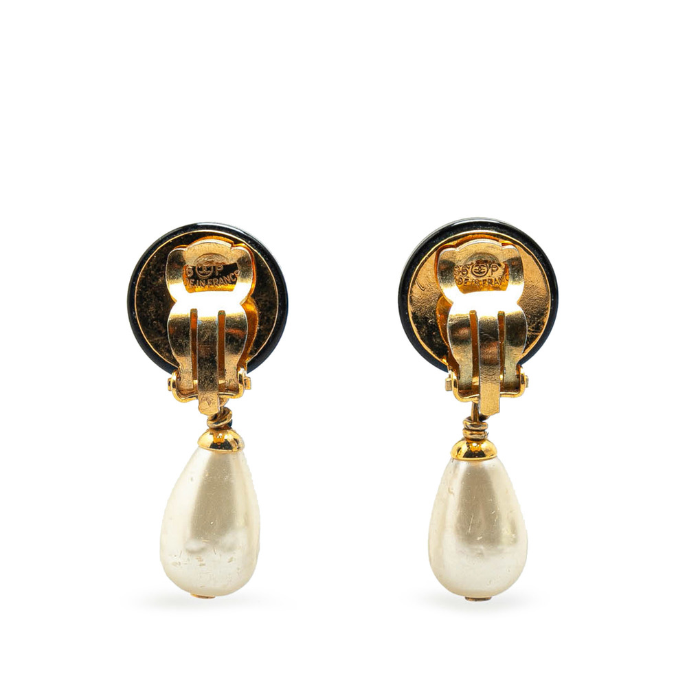 Pre-Loved Chanel Gold Plated Faux Pearl CC Drop Clip On Earrings - Picture 2 of 4